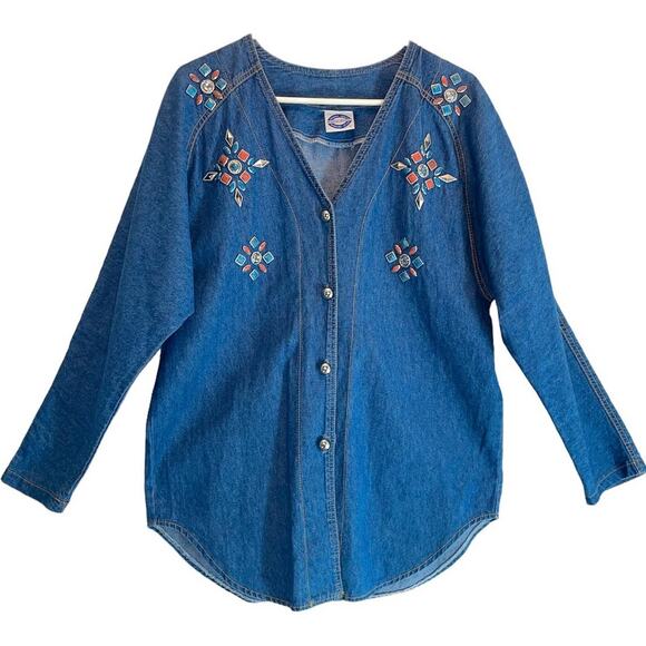 Vintage 90s Denim Shirt Shacket SouthWestern Design size Medium - Picture 1 of 7